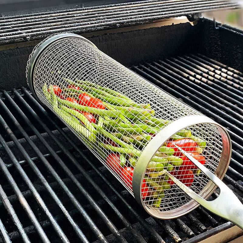 New Rolling Grilling Stainless Steel Cylindrical BBQ Basket